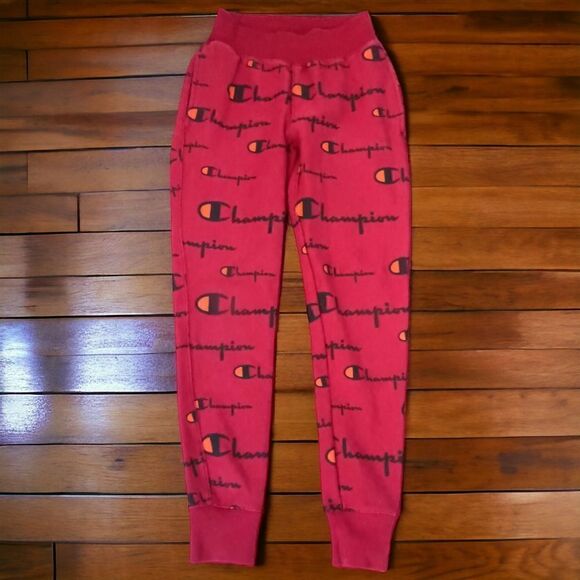 Champion Reverse Weave Joggers S All Over Print Spell Out Red Track Pants Pocket - Picture 1 of 16